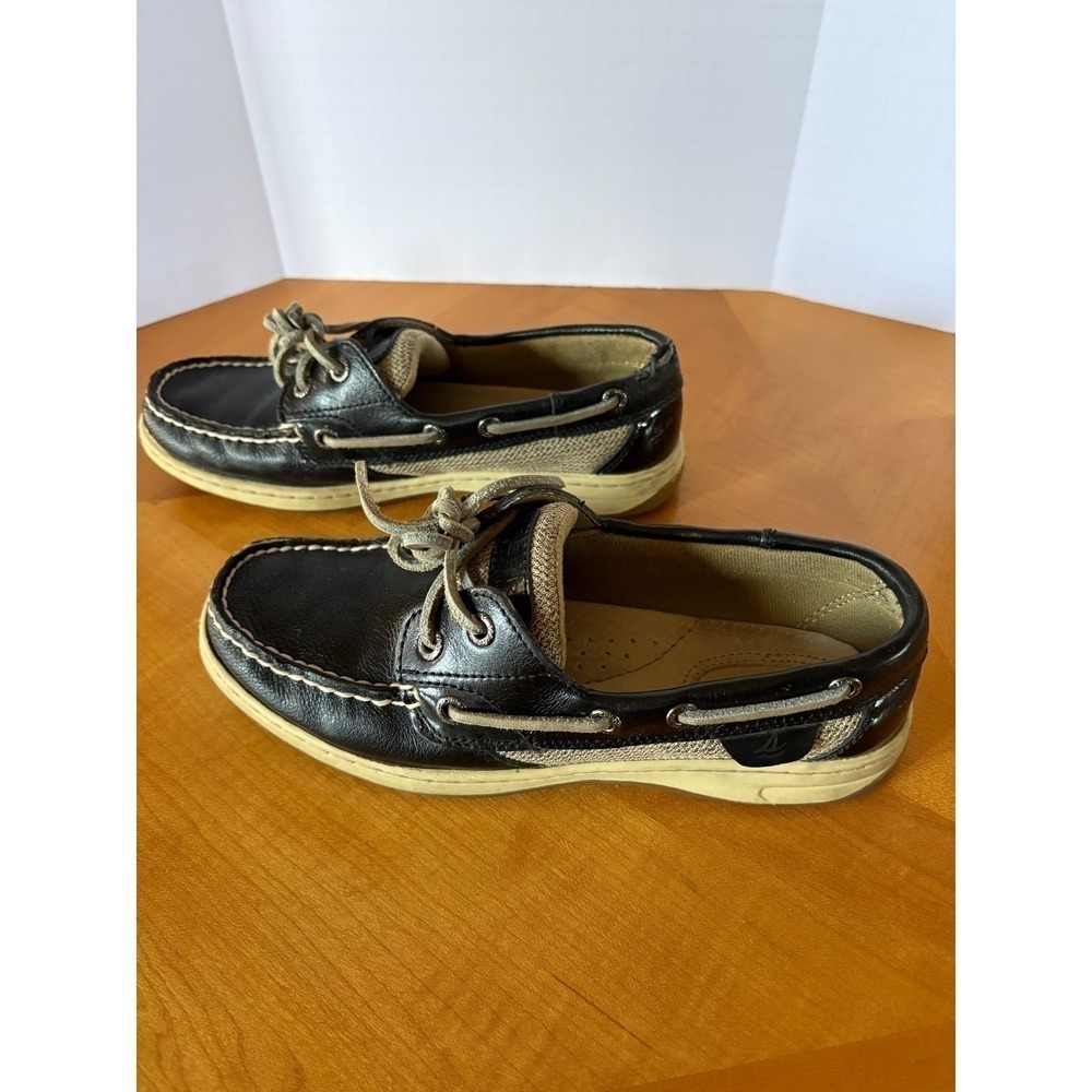 Sperry Top-Sider Boat Shoes Black Leather Canvas/Woven Sides Women 6.5M - Picture 7 of 16